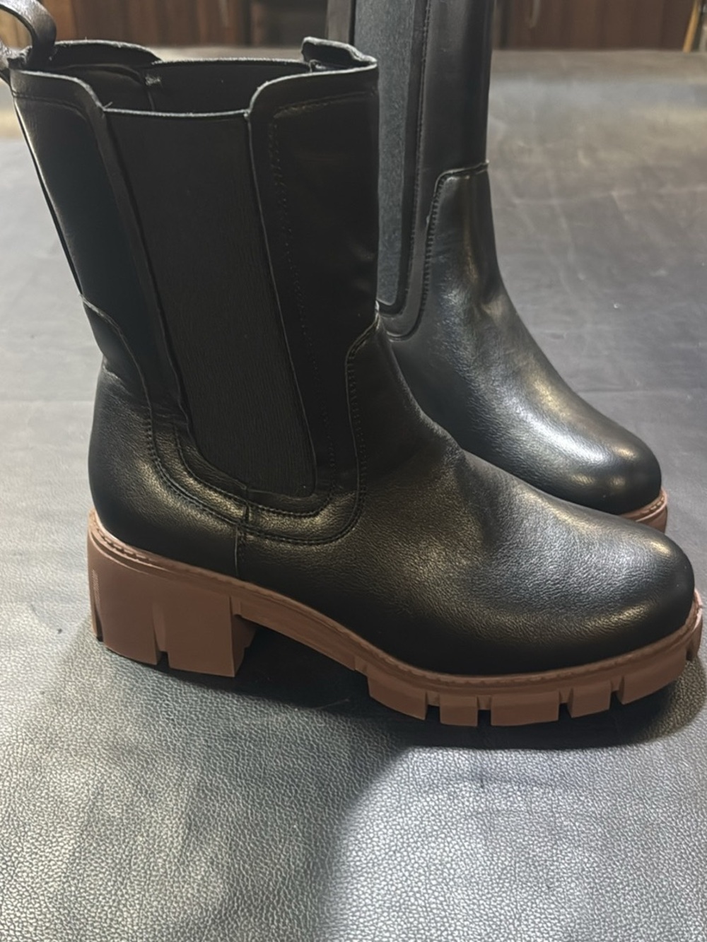 Black Chelsea Lug-Soled Women's Boots with Brown Sole